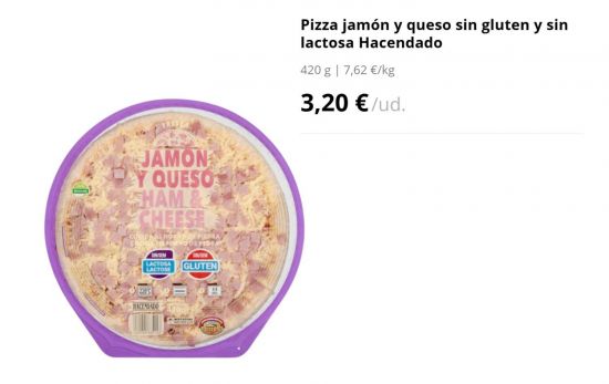 Pizza jamón y queso sin gluten y sin lactosa Hacendado/ 3,20 € / MERCADONA.ES Pizza jamón y queso sin gluten y sin lactosa Hacendado/ 3,20 € / MERCADONA.ES