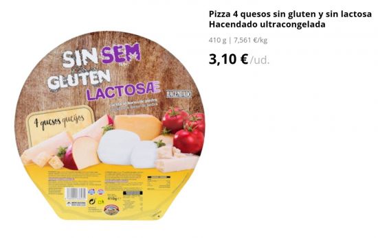 Pizza 4 quesos sin gluten y sin lactosa Hacendado ultracongelada/ 3,10 €/ MERCADONA.ES Pizza 4 quesos sin gluten y sin lactosa Hacendado ultracongelada/ 3,10 €/ MERCADONA.ES
