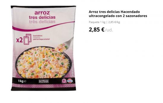 Arroz tres delicias Hacendado ultracongelado con 2 sazonadores sin gluten / 2,85 €/MERCADONA.ES Arroz tres delicias Hacendado ultracongelado con 2 sazonadores sin gluten / 2,85 €/MERCADONA.ES
