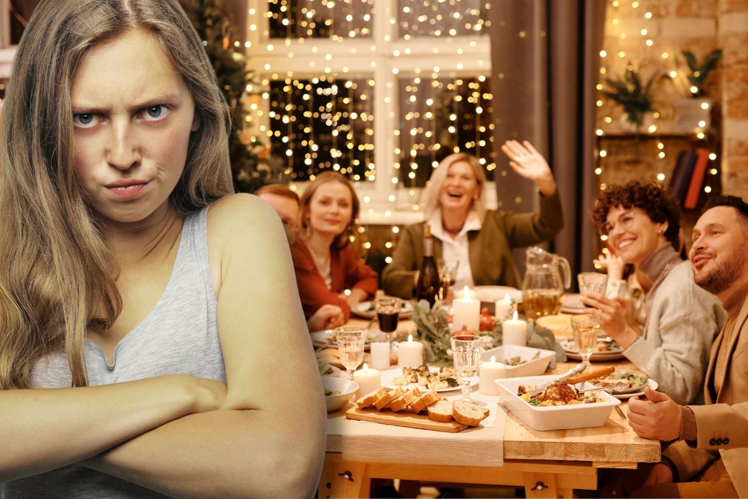 Una persona molesta en una cena de Navidad/ Montaje CG