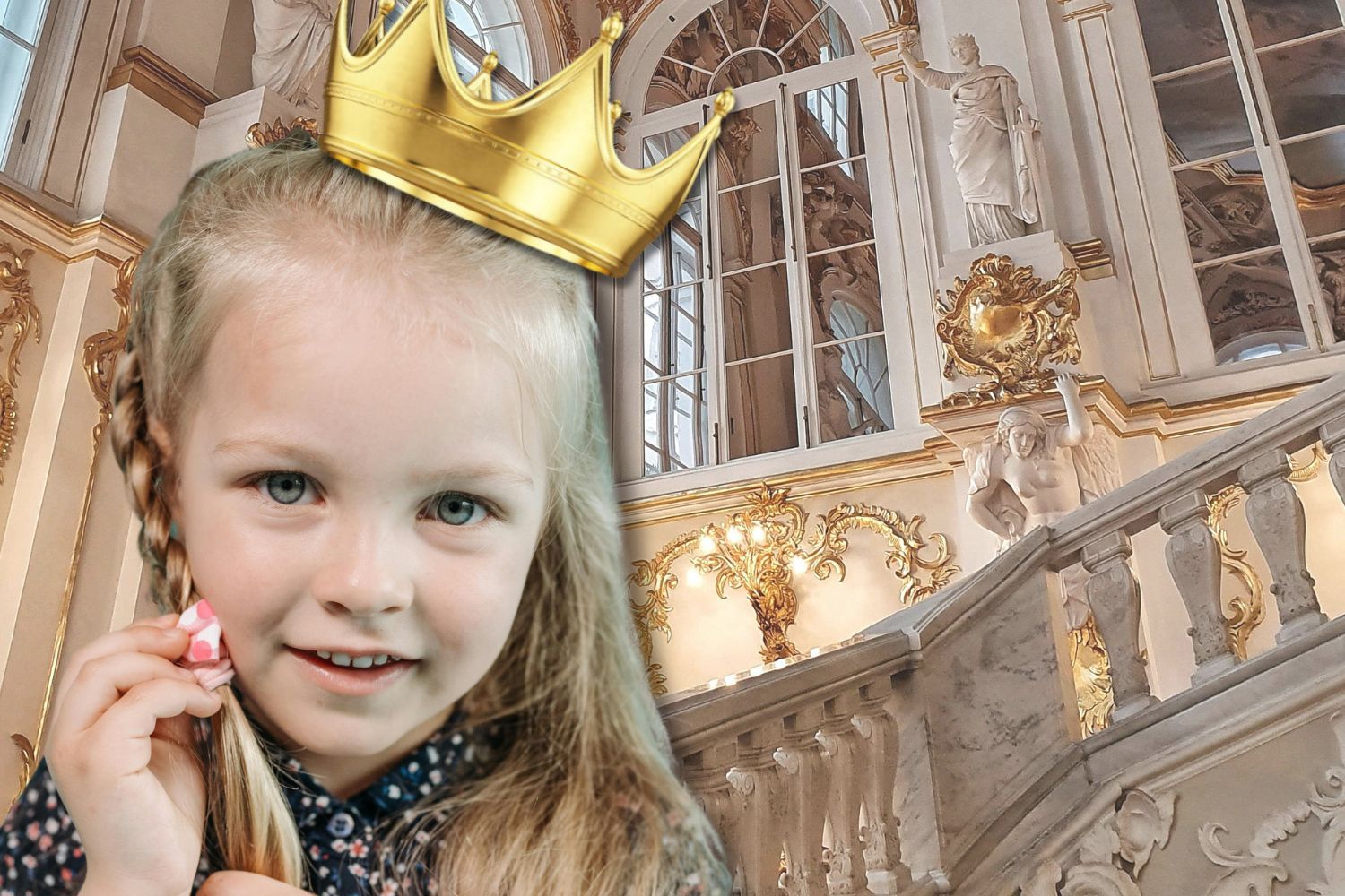 Un niña rubia con corona de juguete en un palacio/ Montaje CG