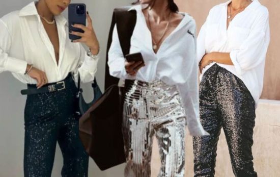 Looks con pantalón de lentejuelas y camisa básica blanca/ Montaje CG Looks con pantalón de lentejuelas y camisa básica blanca/ Montaje CG
