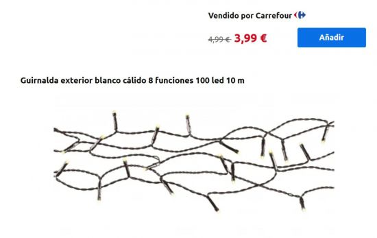 Guirnalda exterior blanco cálido 8 funciones 100 led 10 m/ CARREFOUR.ES Guirnalda exterior blanco cálido 8 funciones 100 led 10 m/ CARREFOUR.ES