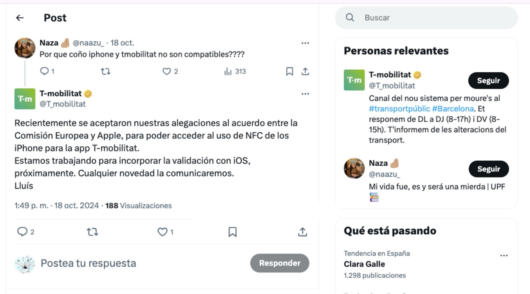 UUna internauta se queja de la incompatibilidad de Apple y T-mobilitat / X UUna internauta se queja de la incompatibilidad de Apple y T-mobilitat / X