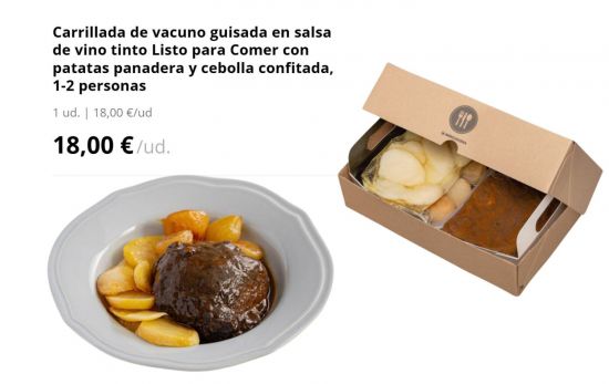 Carrillada de vacuno guisada en salsa de vino tinto Listo para Comer con patatas panadera y cebolla confitada, 1-2 personas, 18 €/ MERCADONA.ES Carrillada de vacuno guisada en salsa de vino tinto Listo para Comer con patatas panadera y cebolla confitada, 1-2 personas, 18 €/ MERCADONA.ES
