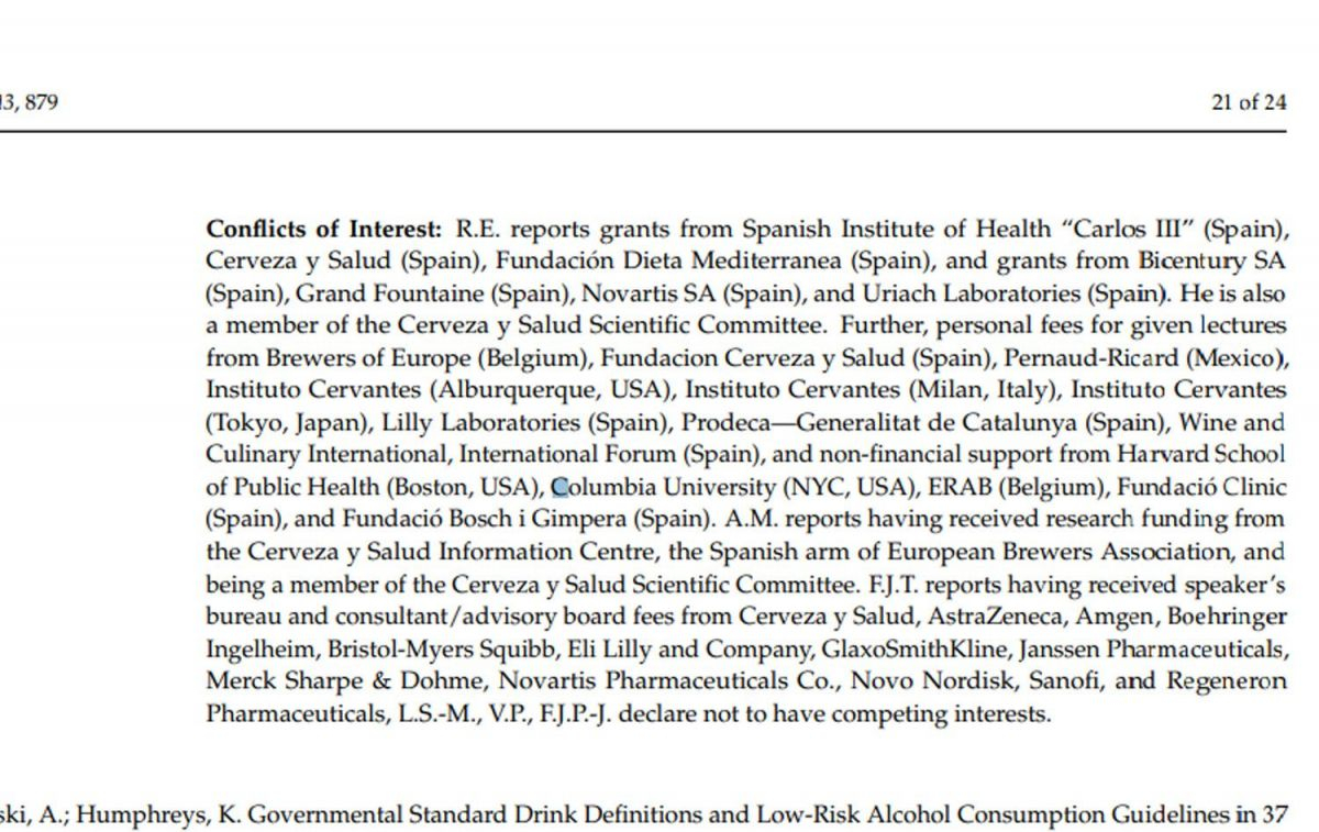 El apartado Conflicto de intereses del citado estudio del CSIC sobre el consumo moderado de cerveza / NUTRIENTS