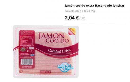 Jamón cocido extra Hacendado lonchas/ 2,04 €/ MERCADONA.ES Jamón cocido extra Hacendado lonchas/ 2,04 €/ MERCADONA.ES