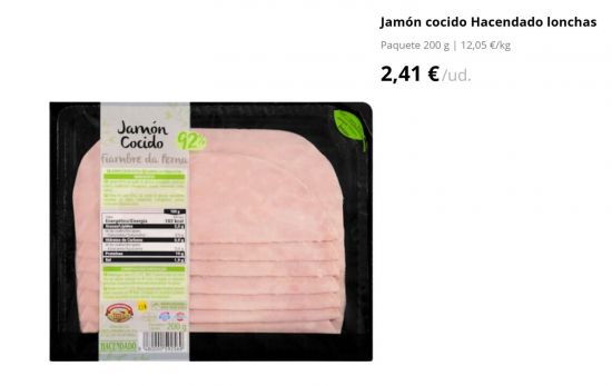 Jamón cocido Hacendado lonchas 92% carne/ 2,41 €/ MERCADONA.ES Jamón cocido Hacendado lonchas 92% carne/ 2,41 €/ MERCADONA.ES