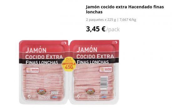 Jamón cocido extra Hacendado finas lonchas 2 paquetes/ 3,45 €/ MERCADONA.ES Jamón cocido extra Hacendado finas lonchas 2 paquetes/ 3,45 €/ MERCADONA.ES