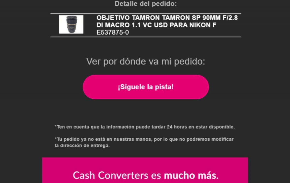 El pedido erróneo enviado por Cash Converters CAPTURA El pedido erróneo enviado por Cash Converters CAPTURA