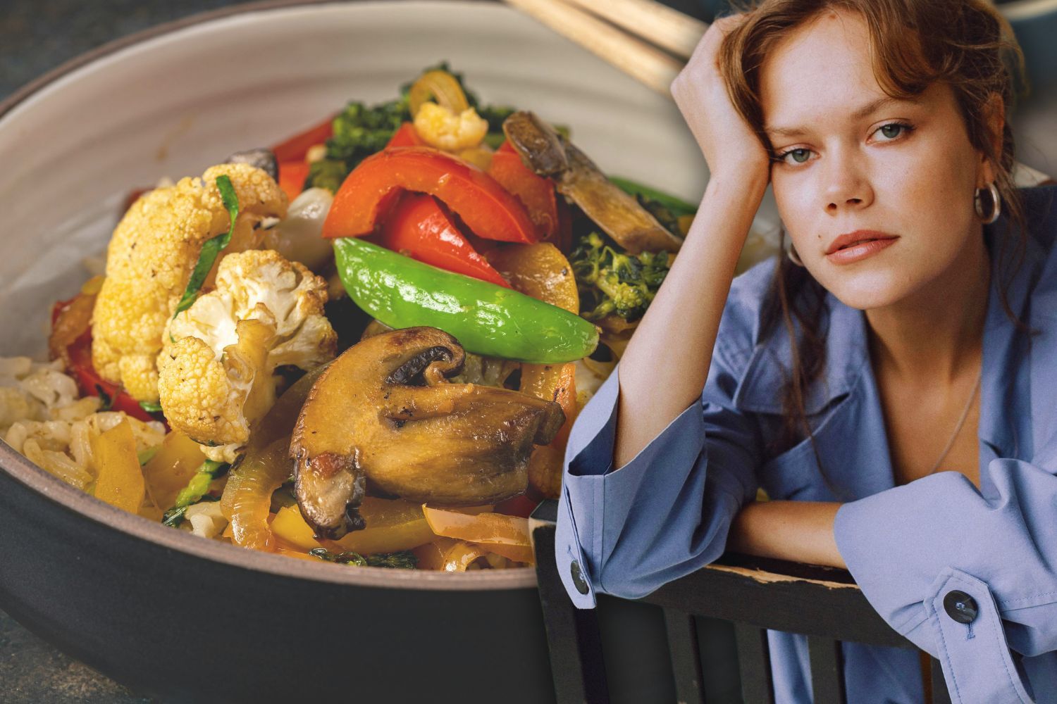 Una persona delante de un plato con alimentos anti envejecimiento cerebral / Montaje CG Una persona delante de un plato con alimentos anti envejecimiento cerebral / Montaje CG