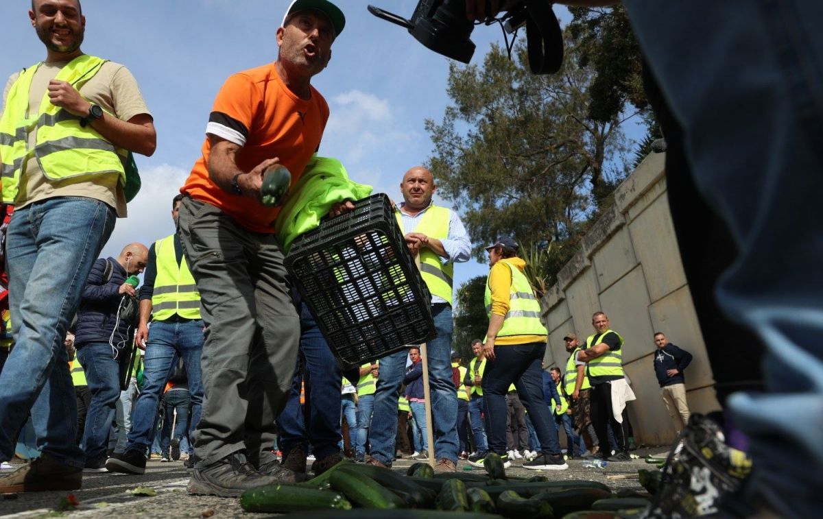 Agricultor tira hortalizas al suelo en las protestas agrarias en Algeciras, a 22 de febrero de 2024 / EUROPA PRESS - NONO RICO Agricultor tira hortalizas al suelo en las protestas agrarias en Algeciras, a 22 de febrero de 2024 / EUROPA PRESS - NONO RICO