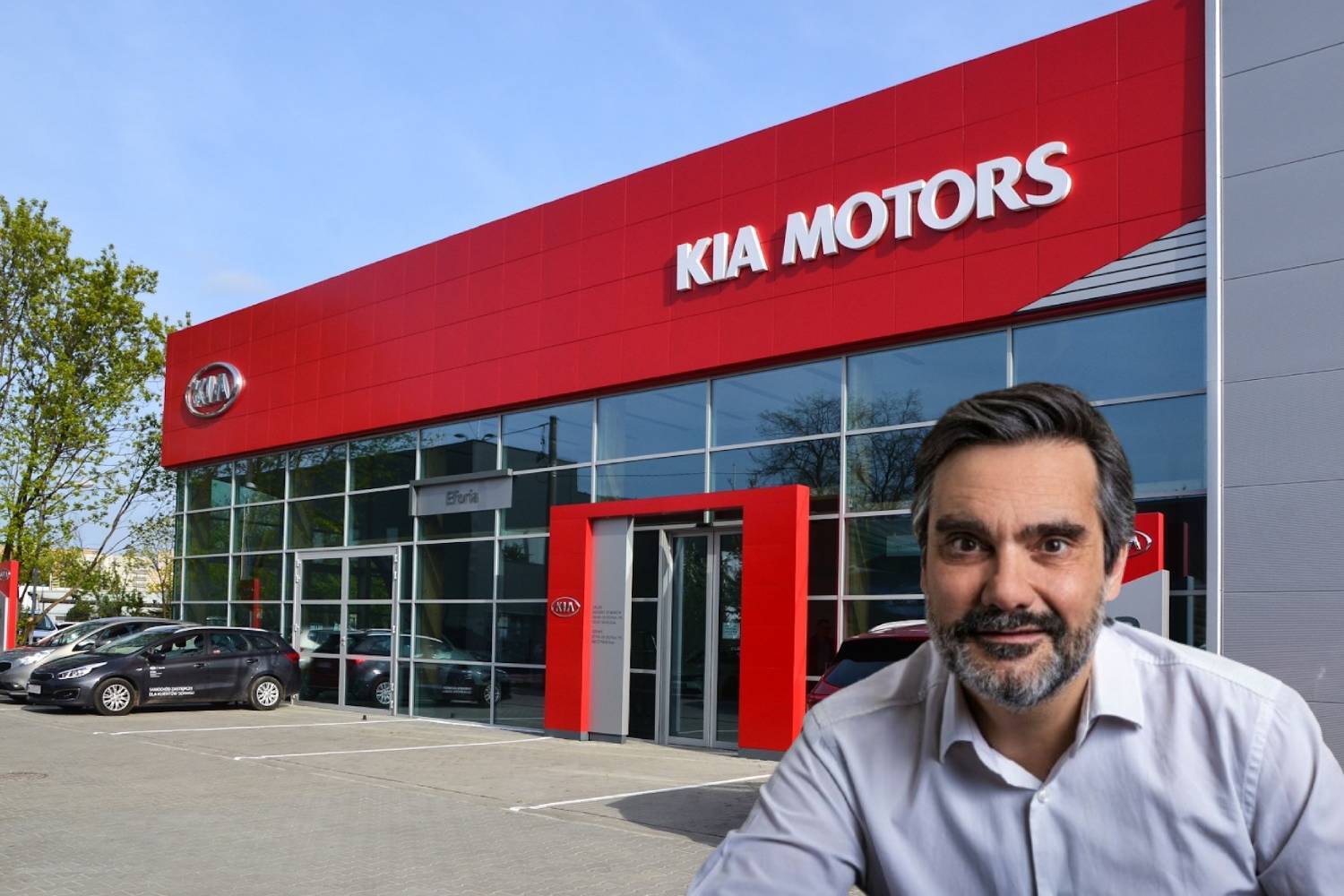 Um concessionário Kia e o vice-presidente de Vendas e Experiência do Cliente da Kia Europe, Carlos Lahoz / CG PHOTOMONTAGE