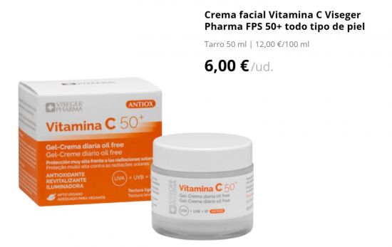 Crema facial Vitamina C Viseger Pharma FPS 50+ todo tipo de piel/ MERCADONA.ES Crema facial Vitamina C Viseger Pharma FPS 50+ todo tipo de piel/ MERCADONA.ES