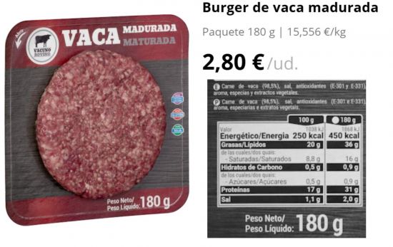 Burger de vaca madurada Paquete 180 g | 15,556 €/kg 2,80 €/ud./ MERCADONA.ES Burger de vaca madurada Paquete 180 g | 15,556 €/kg 2,80 €/ud./ MERCADONA.ES