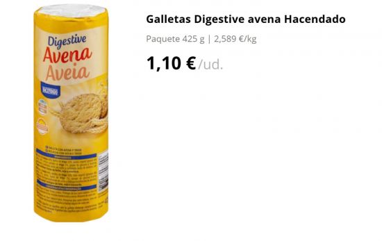 Galletas Digestive avena Hacendado Paquete 425 g 1,10 €/ud./ MERCADONA.ES Galletas Digestive avena Hacendado Paquete 425 g 1,10 €/ud./ MERCADONA.ES
