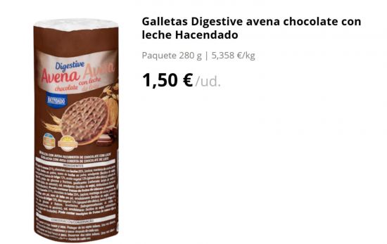 Galletas Digestive avena chocolate con leche Hacendado Paquete 280 g 1,50 €/ud./ MERCADONA.ES Galletas Digestive avena chocolate con leche Hacendado Paquete 280 g 1,50 €/ud./ MERCADONA.ES