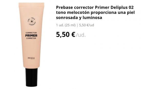 Prebase corrector Primer Deliplus 02 tono melocotón proporciona una piel sonrosada y luminosa/ MERCADONA.ES Prebase corrector Primer Deliplus 02 tono melocotón proporciona una piel sonrosada y luminosa/ MERCADONA.ES