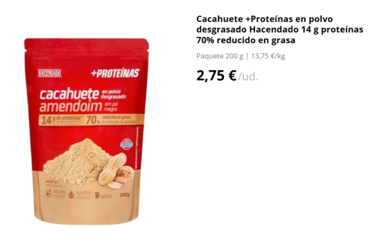 Cacahuete +Proteínas en polvo desgrasado Hacendado/ MERCADONA.ES Cacahuete +Proteínas en polvo desgrasado Hacendado/ MERCADONA.ES