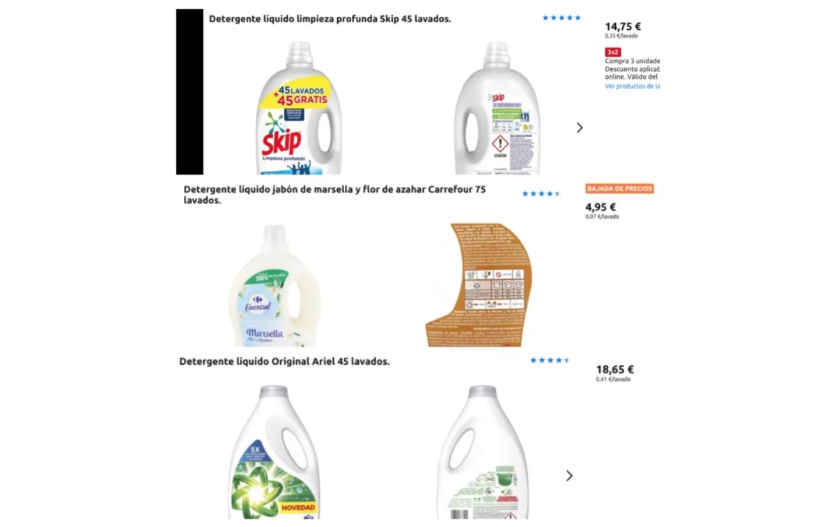 Los detergentes de la marca Carrefour, Skip y Ariel CG Los detergentes de la marca Carrefour, Skip y Ariel CG