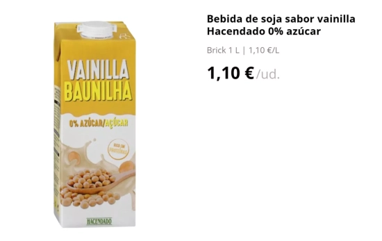 Bebida de soja sabor vainilla Hacendado 0% azúcar/MERCADONA.ES Bebida de soja sabor vainilla Hacendado 0% azúcar/MERCADONA.ES