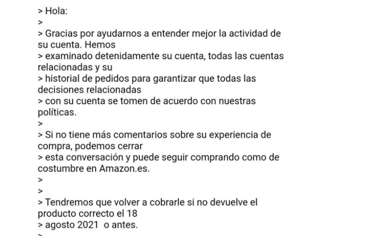 Uno de los correos electrónicos de Amazon a Javier en el que la compañía le advierte que le cobrará el portátil si no lo devuelve el 28 de junio o antes / CEDIDA