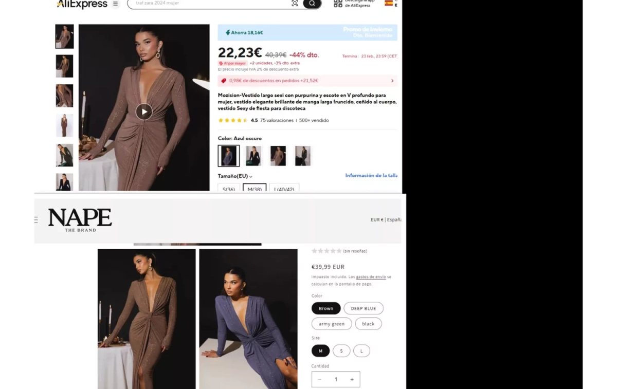 El mismo vestido en Nape The Brand y AliExpress / CG El mismo vestido en Nape The Brand y AliExpress / CG