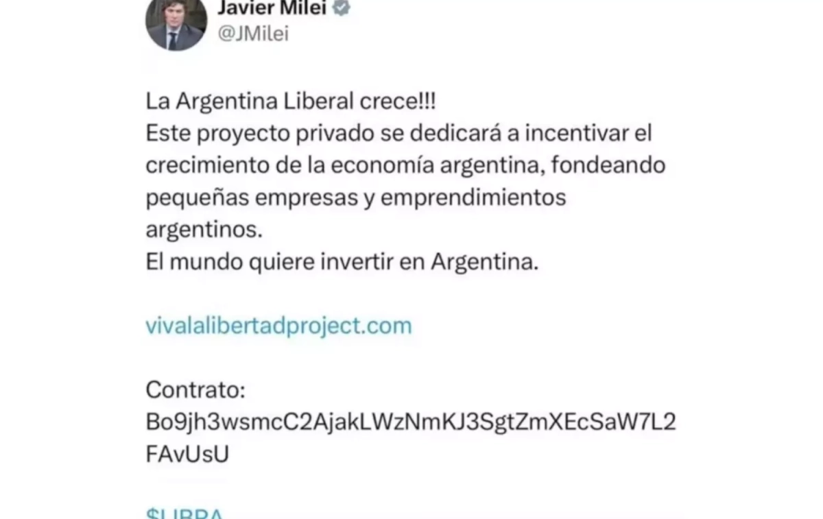El tuit que publicó Javier Milei promocionando la criptomoneda $LIBRA El tuit que publicó Javier Milei promocionando la criptomoneda $LIBRA