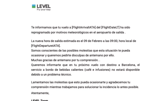 El correo que envió Level a sus pasajeros el pasado 8 de febrero / CEDIDA El correo que envió Level a sus pasajeros el pasado 8 de febrero / CEDIDA