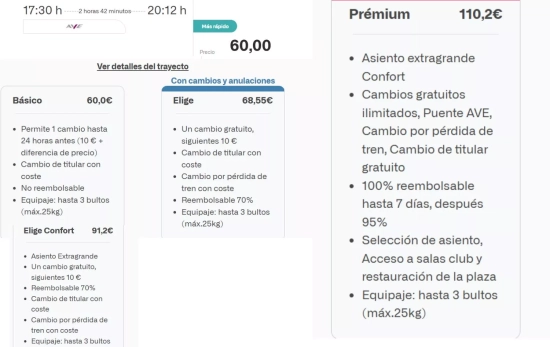 Comparativa sobre cuánto cuesta viajar en el tren más lujoso de España/ RENFE Comparativa sobre cuánto cuesta viajar en el tren más lujoso de España/ RENFE