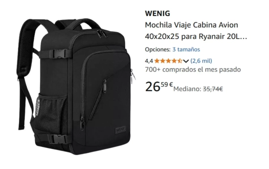 Maleta de espalda modelo Weig para vuelos 40x20x25/ AMAZON Maleta de espalda modelo Weig para vuelos 40x20x25/ AMAZON
