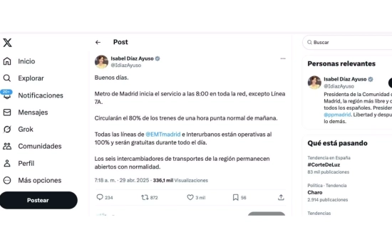 Comunicado de Isabel Díaz Ayuso sobre el funcionamiento del metro de Madrid / X Comunicado de Isabel Díaz Ayuso sobre el funcionamiento del metro de Madrid / X