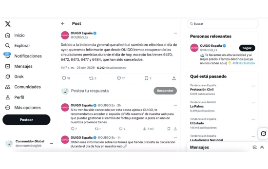 Comunicado de Ouigo en redes sociales sobre la cancelación de sus trenes / X