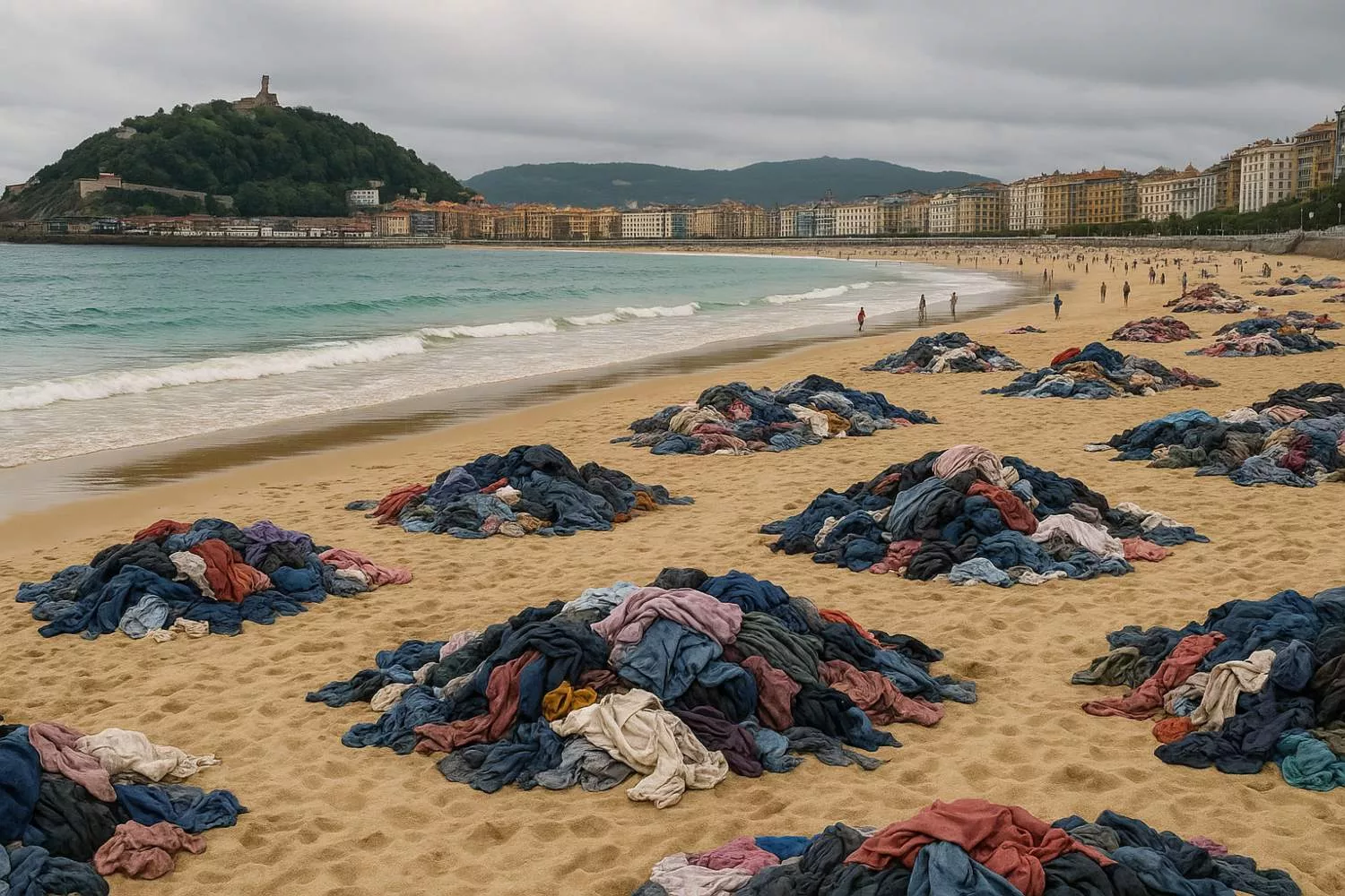 Una imagen elaborada con IA muestra residuos textiles en la playa de La Concha   ECODICTA