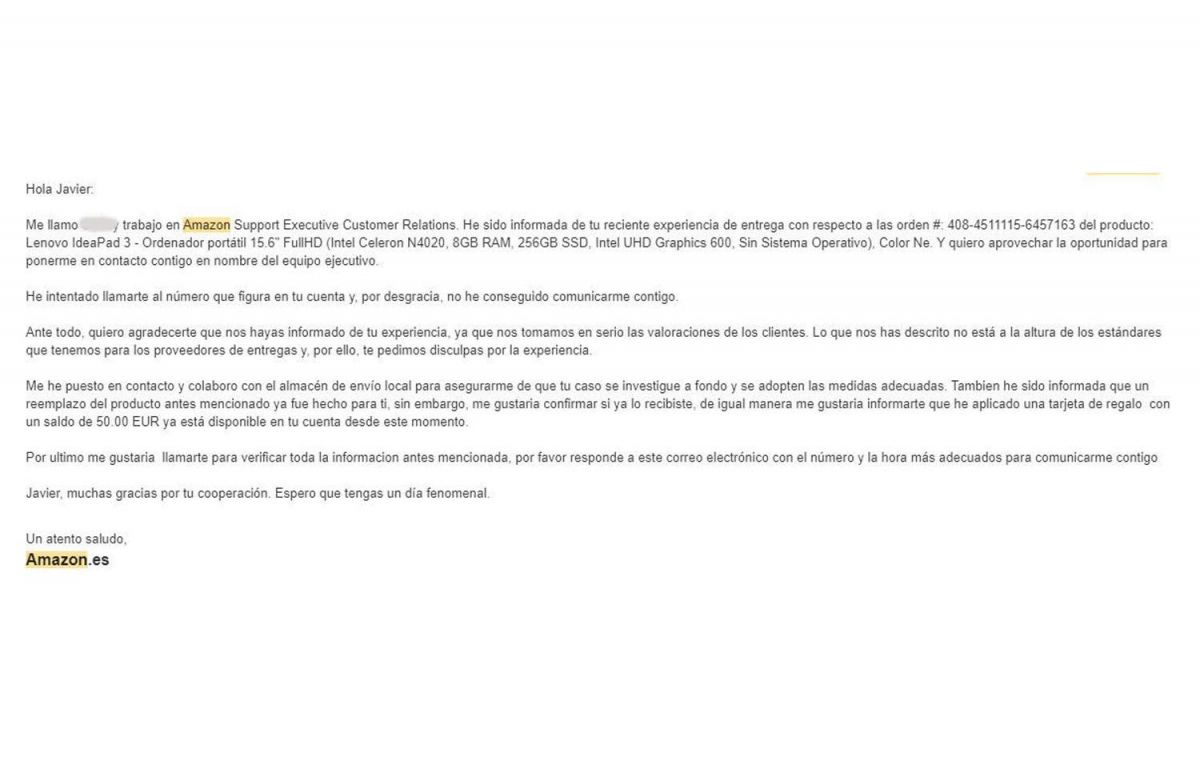 El email de Amazon pidiendo disculpas a Javier por el incidente / CEDIDA