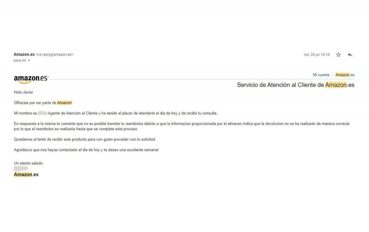 El segundo email de Amazon a Javier en el que piden que devuelva el ordenador que no recibió / CEDIDA