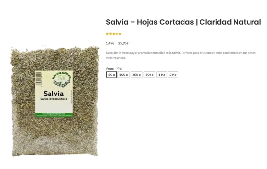 La salvia en infusión tiene un precio de 1.49 50 gr a 25.95 por 2 K de producto/ ELANTIGUOHERBOLARIO.COM La salvia en infusión tiene un precio de 1.49 50 gr a 25.95 por 2 K de producto/ ELANTIGUOHERBOLARIO.COM