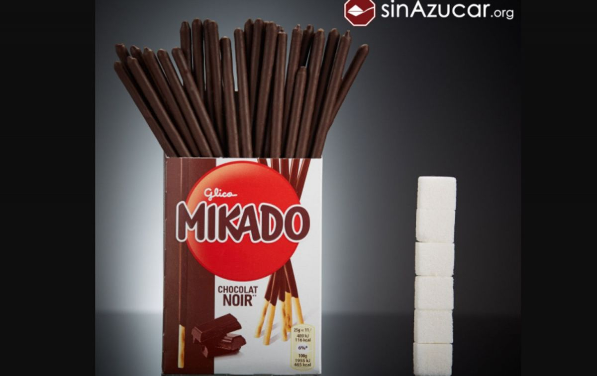 Imagen donde se muestra que 75 gramos de Mikado contienen seis terrones de edulcorante / SINAZUCAR.ORG Imagen donde se muestra que 75 gramos de Mikado contienen seis terrones de edulcorante / SINAZUCAR.ORG