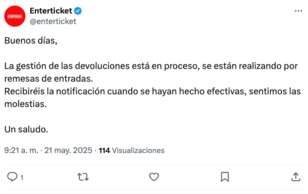El tuit de Enterticket X El tuit de Enterticket X