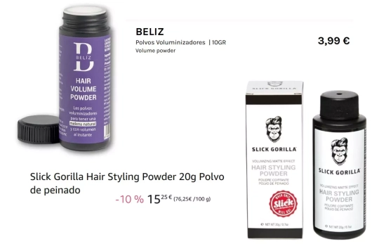 Polvos voluminizadores de pelo marcas Beliz y Slik Gorilla/ DRUNI/AMAZON Polvos voluminizadores de pelo marcas Beliz y Slik Gorilla/ DRUNI/AMAZON