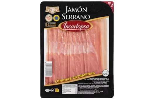 Jamón serrano Incarlopsa lonchas extrafinas a 19,584 € el kilo/ MERCADONA Jamón serrano Incarlopsa lonchas extrafinas a 19,584 € el kilo/ MERCADONA