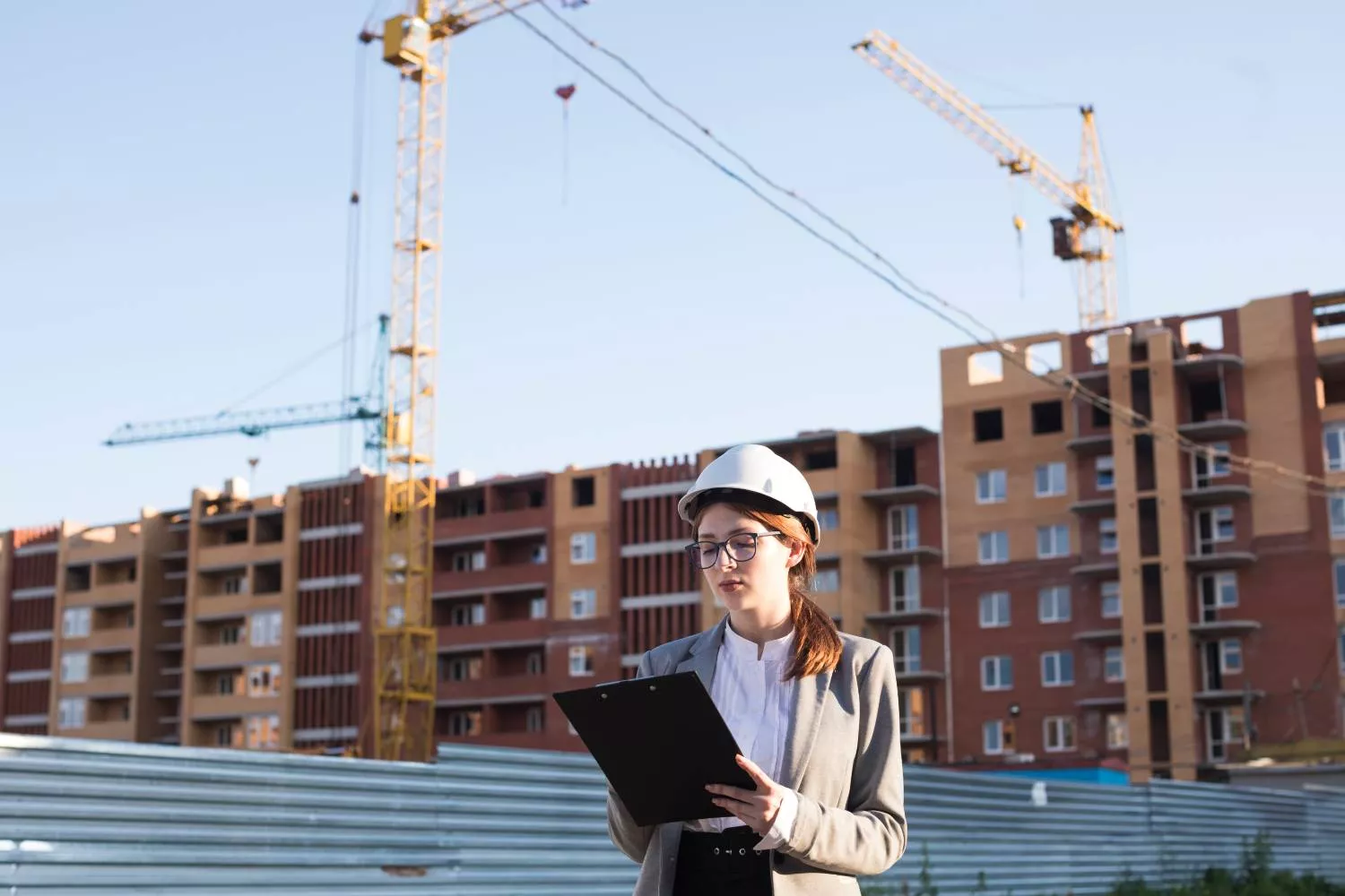 La trabajadora de una promotora junto a unas viviendas en construcción / FREEPIK 