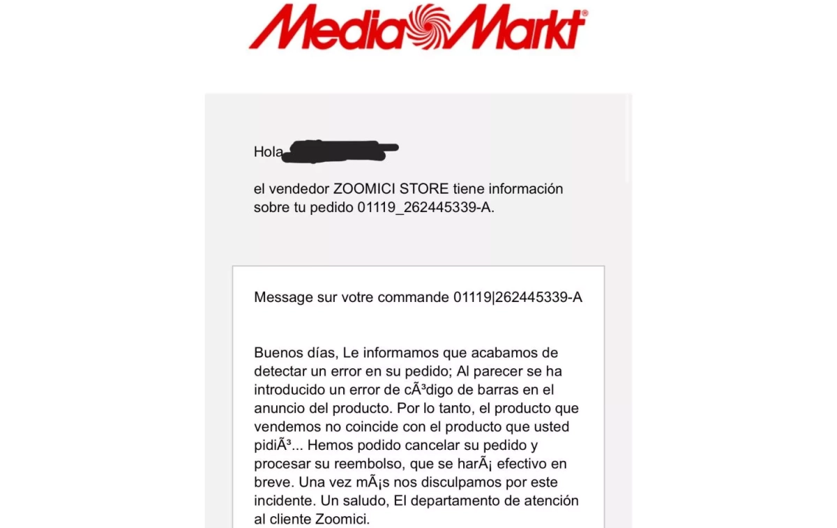 El mensaje que recibió Juan Manuel Pardo de MediaMarkt CEDIDA El mensaje que recibió Juan Manuel Pardo de MediaMarkt CEDIDA