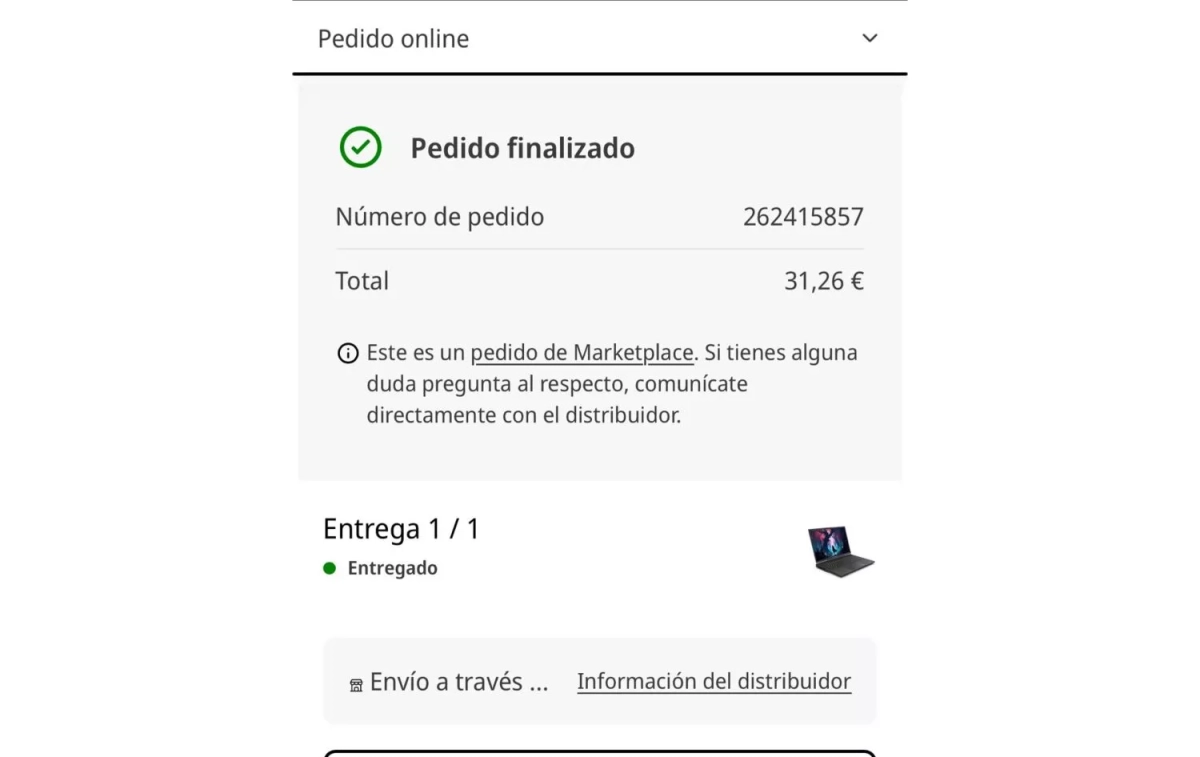 Mensjaje donde se lee que el pedido está entregado CEDIDA Mensjaje donde se lee que el pedido está entregado CEDIDA
