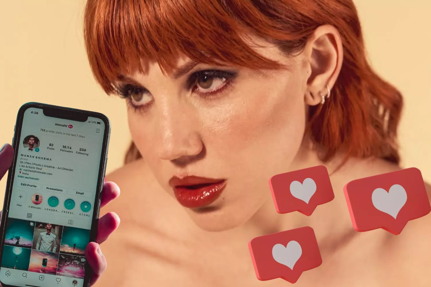 La actriz Angy Fernández con un móvil con las redes sociales abiertas / Montaje CG