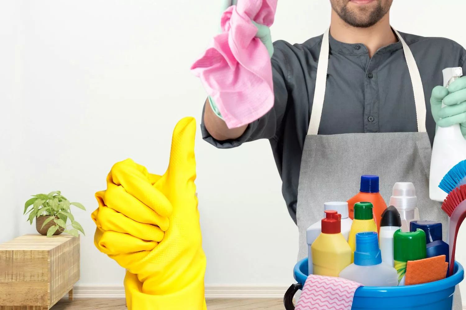 Una persona con productos de limpieza/ Montaje CG