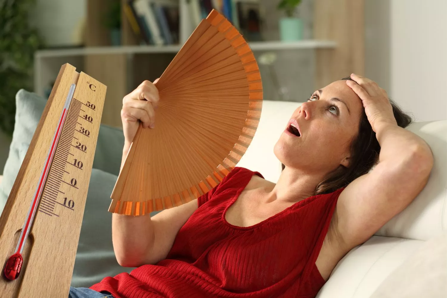 Una persona se abanica por el sofocante calor doméstico/  Montaje CONSUMIDOR GLOBAL