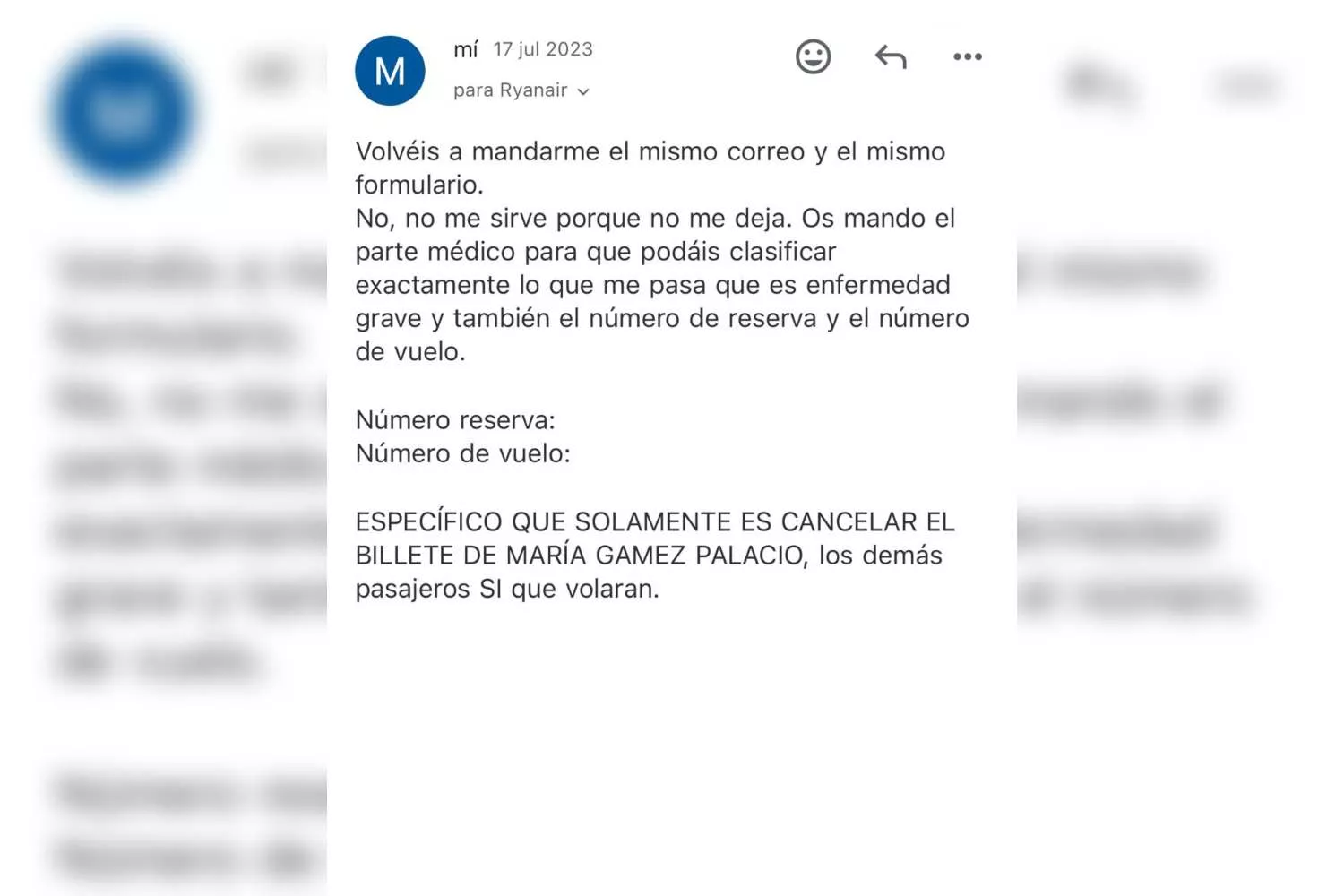 Mail de María Gàmez para Ryanair CEDIDA Mail de María Gàmez para Ryanair CEDIDA