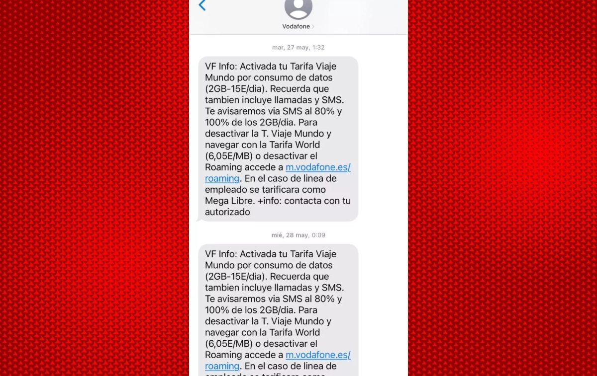 Captura del mensaje de Vodafone Captura del mensaje de Vodafone