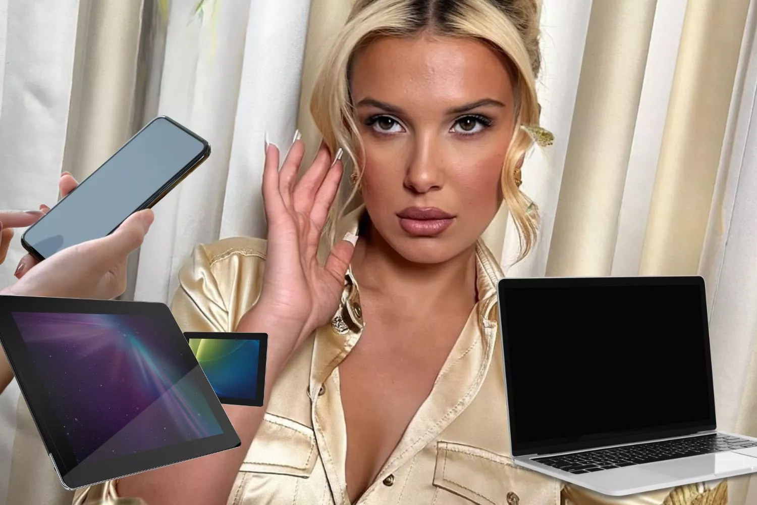 Un ordenador, una tableta, un teléfono móvil y la actriz Millie Bobby Brown / Montaje CONSUMIDOR GLOBAL